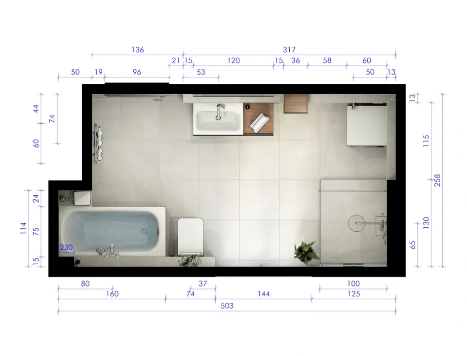 Grundriss eines modernen Badezimmers mit Badewanne, Dusche, Waschtisch und WC. Maßangaben in Zentimetern.